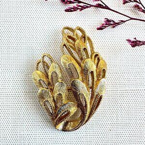 Vintage Monet Gold-Tone Leaf Brooch Signed Textured Design 2" x 1.5"